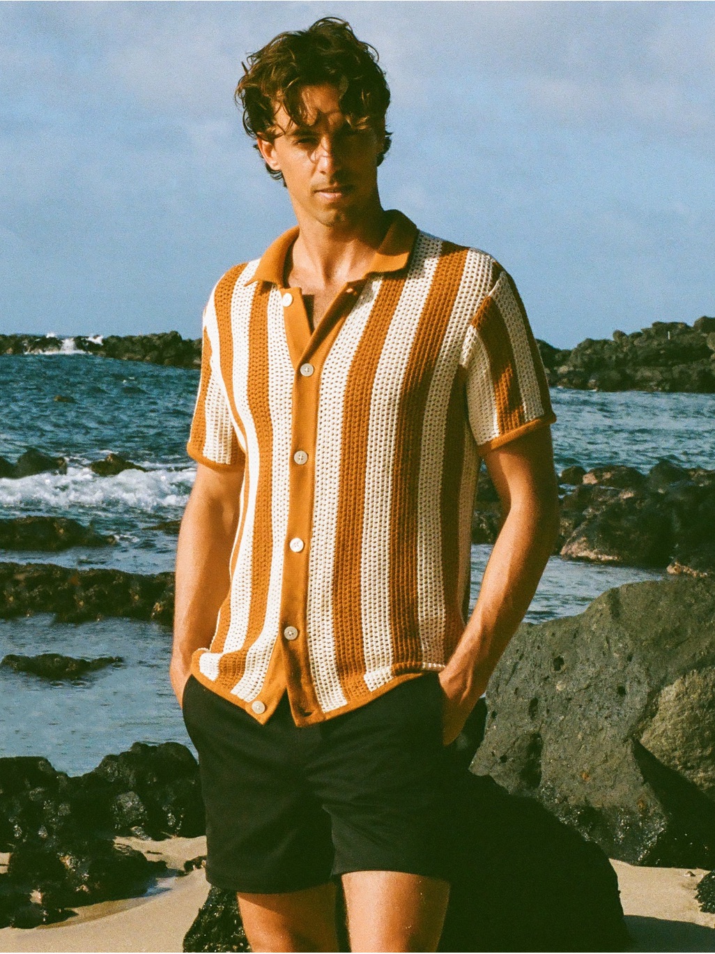 Dandy Del Mar Dominica Crochet Button Up In Burnt Sienna Stripe